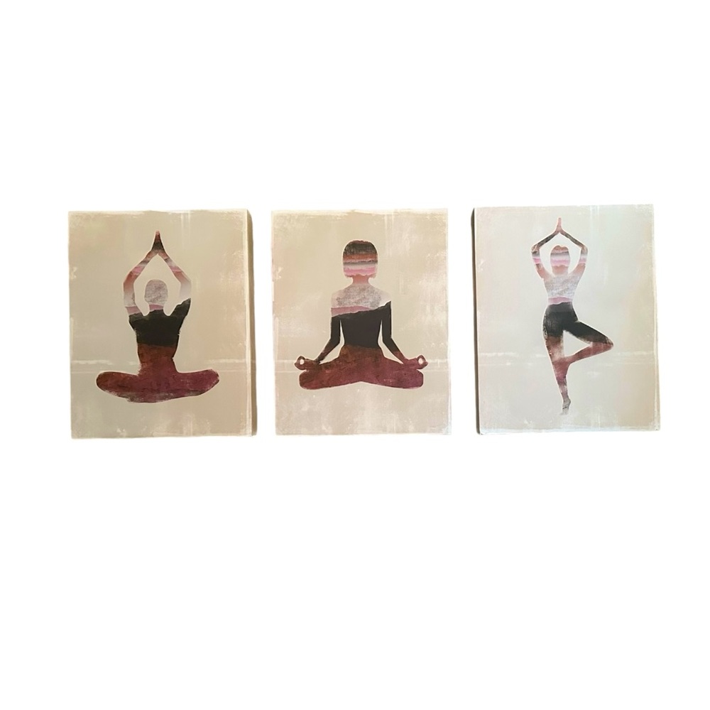 Delightful, inspiring. 3 Yoga Prints on Framed Canvas. 14 x 10 (approximate).